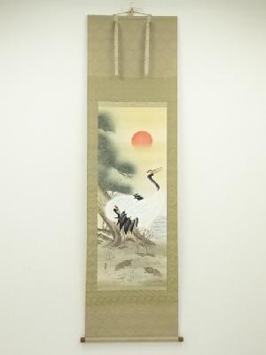 JAPANESE HANGING SCROLL / HAND PAINTED / CRANE WITH TURTLE 
